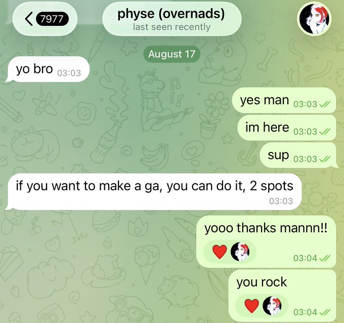 A Telegram chat screenshot with user 'physe (overnads)' where messages show a friendly exchange about making a game with 2 spots available, ending with 'yooo thanks mannn!!' and 'you rock'.