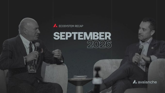 Graphic for an Avalanche Ecosystem Recap titled 'SEPTEMBER 2026' featuring two men holding microphones seated on white chairs against a dark background.