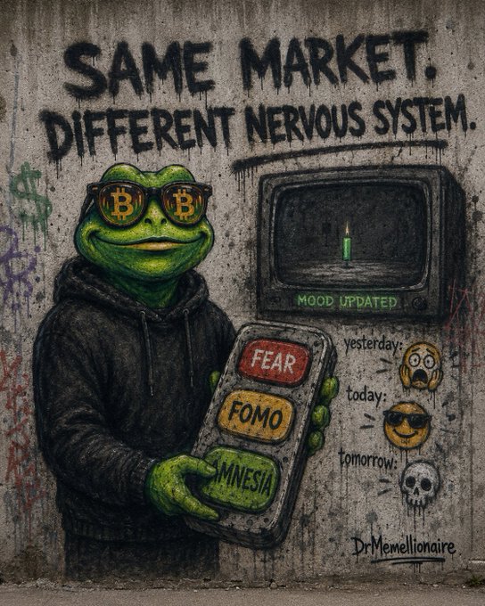 Street art graffiti reading 'SAME MARKET. DIFFERENT NERVOUS SYSTEM' featuring a frog in Bitcoin sunglasses holding a phone labeled with 'FEAR', 'FOMO', and 'MNESIA', credited to 'DrMemelllionaire'.