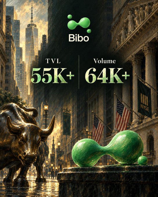 A promotional graphic for 'Bibo' showing TVL 55K+ and Volume 64K+, featuring a bronze bull statue and a green bowling-pin-like object set against a backdrop of the New York Stock Exchange with American flags.