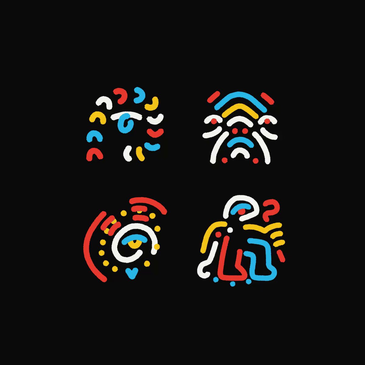 The image features four different designs, each with a unique color scheme and style. They are displayed against a black background, making them stand out prominently. The designs include a red and blue spiral, a yellow and blue zigzag pattern, a red and white zigzag design, and a blue and yellow zigzag pattern. These colorful illustrations showcase the creativity of the artist behind these designs.