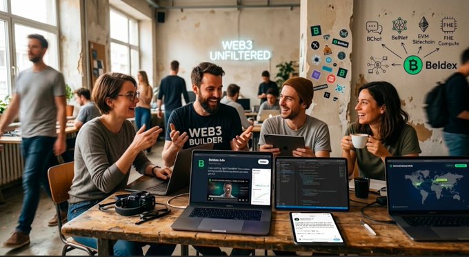 An AI-generated image depicts a casual office workspace with three people around a laptop, labeled 'WEB3 BUILDER' on a shirt, with 'WEB3 UNFILTERED' neon text on the wall and a 'Beldex' logo with cryptocurrency icons (BChat, BelNet, EVM Sidechain, FHE Compute) above them.