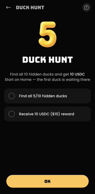 A mobile app screenshot for a 'DUCK HUNT' challenge showing a gold number '5' and instructions to find hidden ducks for a 10 USDC ($10) reward.