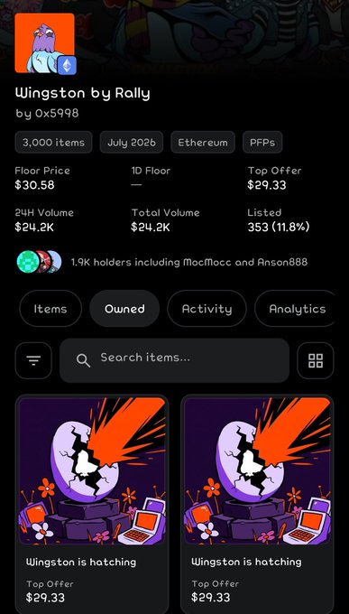 Screenshot of an NFT collection page on a marketplace showing 'Wingston by Rally' by 0x5998, an Ethereum-based collection with 3,000 items, a floor price of $30.58, and 353 listed, featuring two "Wingston is hatching" items with top offers of $29.33.