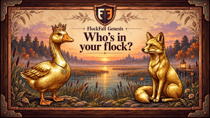 A decorative fantasy-style illustration framed in an ornate wooden border shows a golden crowned goose wearing a medallion on the left and a golden fox on the right, both positioned on a lakeshore at sunset, with the text "FlockFall Genesis" and "Who's in your flock?" displayed above them, promoting the reveal of FlockFall Genesis creatures and inviting community members to share their own flock members ahead of the game's launch.