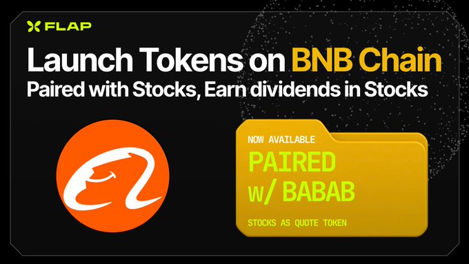 A promotional graphic from FLAP announces token launches on BNB Chain, highlighting that BABAB is now available and paired with Alibaba (阿里巴巴) stock as the quote token.