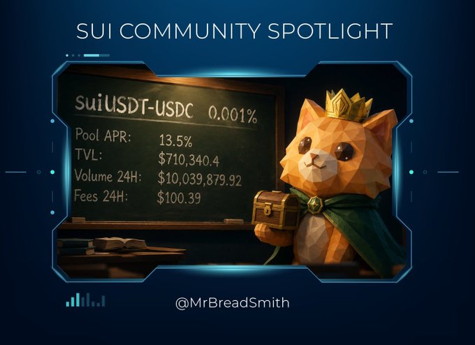 A "Sui Community Spotlight" graphic featuring a 3D-rendered crowned cat mascot holding a treasure chest beside a chalkboard displaying SuiUSDT-USDC pool metrics: Pool APR 13.5%, TVL $710,340.4, Volume 24H $10,039,879.92, and Fees 24H $100.39, credited to @MrBreadSmith in honor of his active DeFi contributions to the Sui ecosystem.