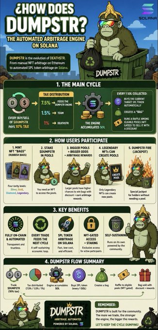 An infographic titled "HOW DOES DUMPSTR? THE AUTOMATED ARBITRAGE ENGINE ON SOLANA" explaining the Dumpstr protocol, featuring a cartoon monkey mascot.