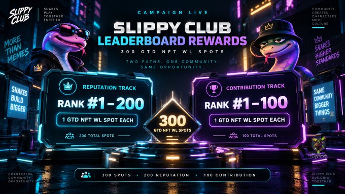 Slippy Club NFT campaign leaderboard rewards announcement featuring two anthropomorphic frog mascots with sunglasses and crowns, offering 300 GTD NFT WL spots split between Reputation Track (Rank #1-200) and Contribution Track (Rank #1-100).