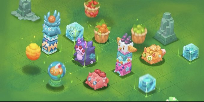 A colorful game scene featuring various cute cartoon creatures and items on a green grid background, appearing to be from a mobile game like Tile Connect.