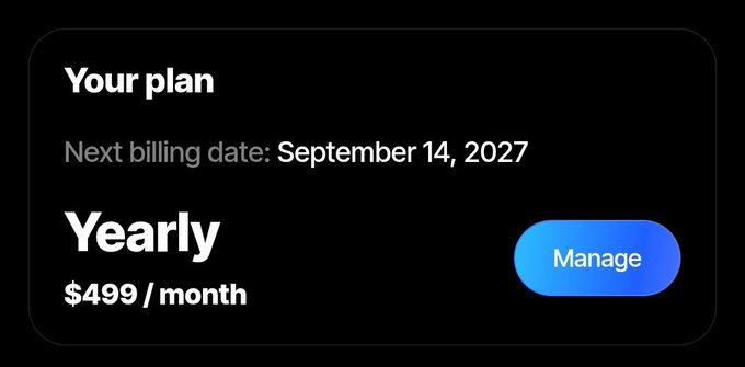 A subscription management screen showing a 'Yearly' plan at $499/month with a next billing date of September 14, 2027, and a blue 'Manage' button.