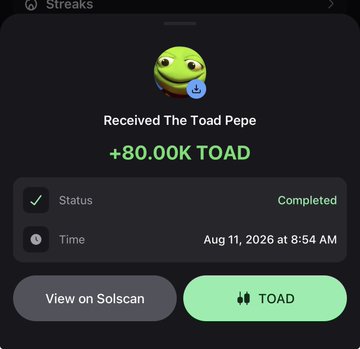 A mobile screenshot displays a notification confirming receipt of "The Toad Pepe" with "+80.00K TOAD," showing a status of "Completed" on Aug 11, 2026 at 8:54 AM, alongside buttons to "View on Solscan" or access "TOAD." This visually verifies the user's claim about receiving the original $TOAD airdrop from @mdudas, reinforcing their commitment to holding 80K tokens with the goal of reaching a $1 billion valuation.