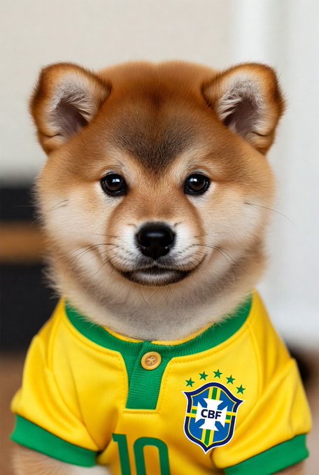 An AI-generated image of a fluffy Shiba Inu puppy wearing a yellow and green Brazil CBF soccer jersey.
