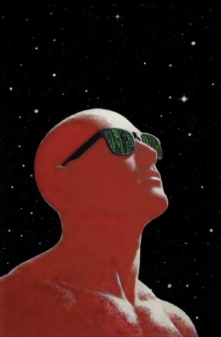 A bald red humanoid figure wearing Matrix-style sunglasses reflects falling green code while gazing up at a starry night sky, embodying the mysterious and cryptic tone of the $HOW token post that poses questions without answers.
