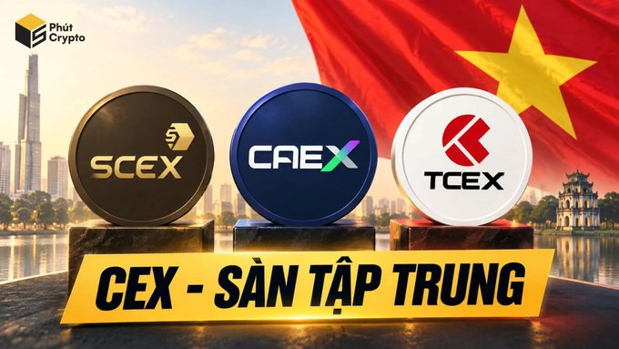 Vietnamese crypto advertisement featuring SCEX, CAEX, and TCEX exchanges with the text "CEX - SÀN TẬP TRUNG" against a backdrop of the Vietnamese flag and cityscape.