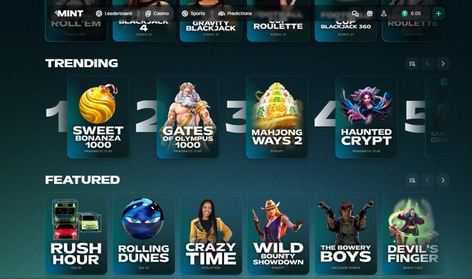 A screenshot of an online casino interface displaying 'TRENDING' and 'FEATURED' games including 'SWEET BONANZA 1000', 'GATES OF OLYMPUS 1000', 'MAHJONG WAYS 2', and 'HAUNTED CRYPT'.