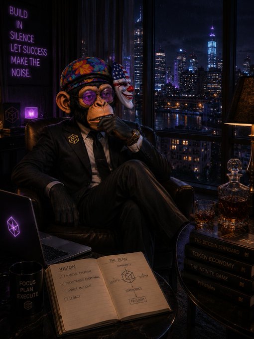 A suited monkey in a tie and sunglasses relaxes in a leather armchair beside a window overlooking a nighttime cityscape, holding a notebook labeled "VISION / THE PLAN" with checked items including "Financial Freedom" and "Decentralize Everything," while a glowing "BUILD IN SILENCE. LET SUCCESS MAKE THE NOISE." sign, a laptop marked "FOCUS PLAN EXECUTE," and books titled "THE BITCOIN STANDARD," "TOKEN ECONOMY," and "THE INFINITE GAME" set the scene. A Joker-esque American flag mask rests behind him alongside a decanter and glass, reinforcing the post's victorious reflection on the day and anticipation that "tomorrow would be greater."