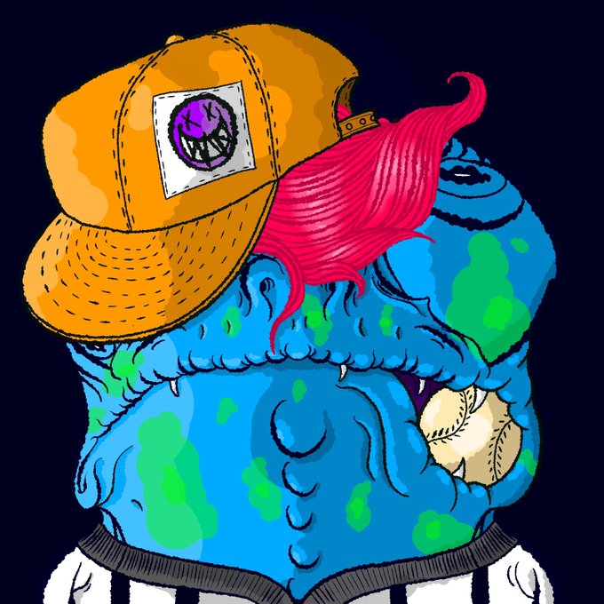 A stylized illustration of a blue zombie-like head with green spots, wearing an orange cap with a grinning patch and sporting bright pink hair.