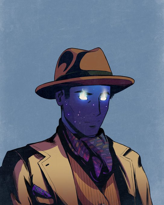 An illustration of a man wearing a brown fedora and a tan suit with a purple scarf; his face is stylized with a starry night sky pattern and glowing white eyes.