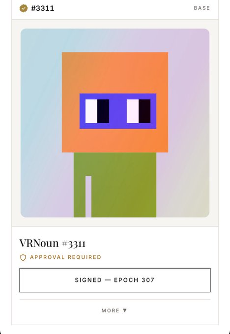 An NFT or digital collectible card showing a minimalist blocky character with an orange head and green body, labeled 'VRNoun #3311' with 'SIGNED — EPOCH 307' text.