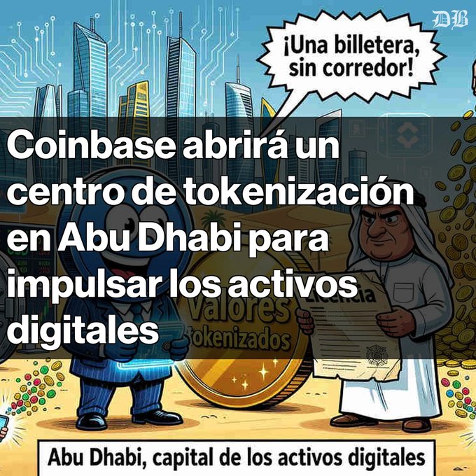 A cartoon-style news illustration with Spanish text reading 'Coinbase abrirá un centro de tokenización en Abu Dhabi para impulsar los activos digitales' and 'Abu Dhabi, capital de los activos digitales', depicting characters representing Coinbase and a Gulf figure holding a document.