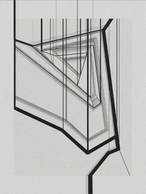 An abstract black and white geometric illustration featuring overlapping angular lines creating a sense of depth and perspective.