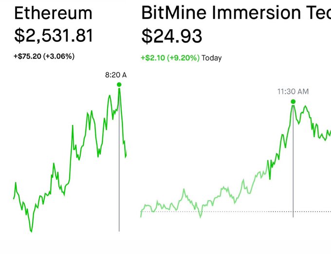 Two stock chart screenshots side-by-side showing Ethereum at $2,531.81 (+$75.20, +3.06%) and BitMine Immersion Tech at $24.93 (+$2.10, +9.20%), both displaying green upward trends throughout the trading day with afternoon peaks marked around 8:20 AM and 11:30 AM respectively.