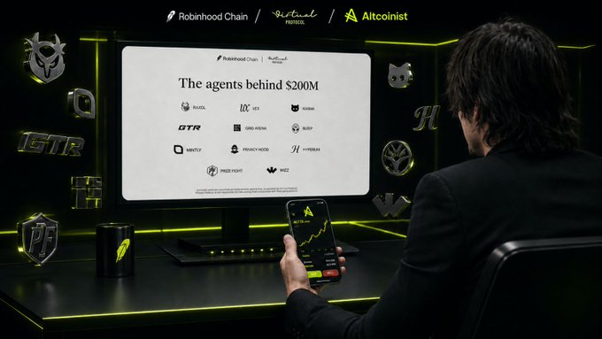 A promotional image showing a man from behind looking at a computer monitor displaying 'The agents behind $200M' alongside Robinhood Chain and Altcoinist logos, while holding a smartphone showing an 'ALT' chart.