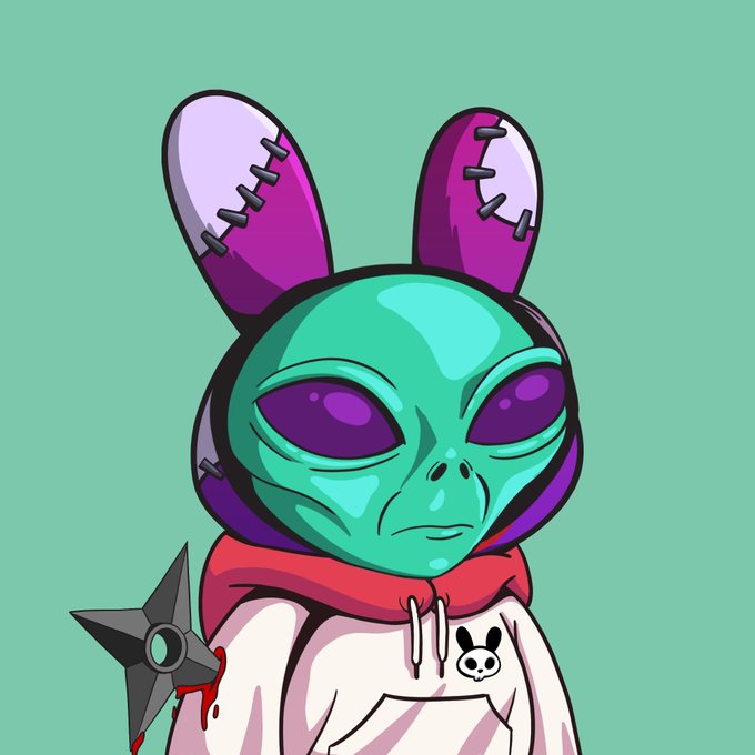Cartoon alien character with large purple stitched ears, wearing a white bunny hoodie and holding a bloody shuriken.