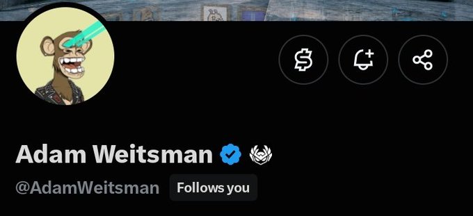 This image shows a Twitter/X profile for "Adam Weitsman" (@AdamWeitsman) with a verified checkmark, displaying a Bored Ape Yacht Club NFT as the profile picture, set against a black background with the user's info visible.