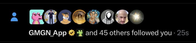 A screenshot shows a notification on X that GMGN_App and 45 others followed the user, which directly coincides with the post's excited "GOATED follow. GMGN @gmgnapp001" commentary referencing that same GMGN account.