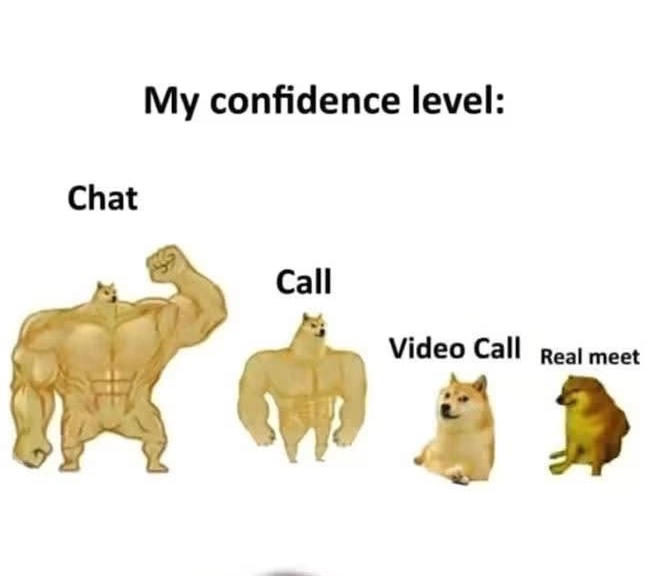 A 'Buff Doge vs. Cheems' meme titled 'My confidence level:' showing progressively shrunken dogs representing Chat, Call, Video Call, and Real meet scenarios.
