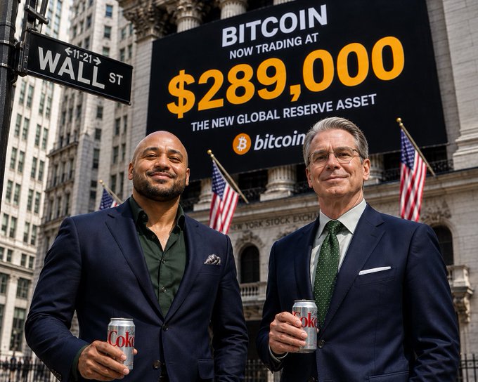 Two well-dressed men pose in front of the New York Stock Exchange on Wall Street, holding Diet Coke cans, with a large billboard overhead reading "BITCOIN NOW TRADING AT $289,000 – THE NEW GLOBAL RESERVE ASSET" — a bullish, hyper-optimistic visual take on the post's celebration of aggressive Bitcoin conviction and bond market buybacks fueling crypto's rise past $80k.