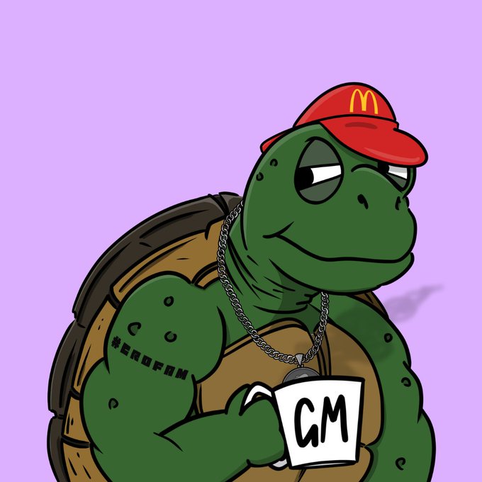 The image features a cartoon turtle wearing a red hat with a McDonald's logo, holding a coffee cup and smiling. The turtle also has tattoos on its body. The background of the image is purple, which complements the overall color scheme of the turtle and coffee cup. The caption below the image reads "Gm #crofam Happy #TURTLE Thursday! Two chains, two tickers, one #memecoin, backing three NFT collections, and with zero inflation! We are a non-profit, CTO build. The community always wins!".