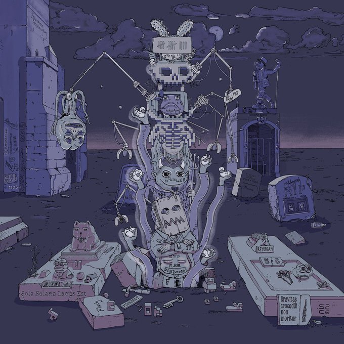 A dark, surreal pixel art illustration depicting a cemetery with strange, monstrous statues, tombstones, and creepy figures under a night sky.