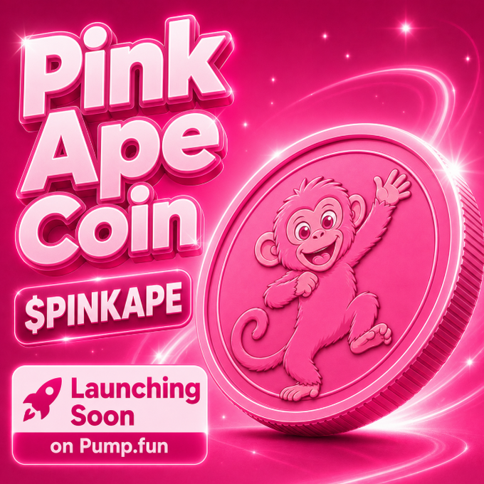 A vibrant pink promotional graphic features a cheerful cartoon monkey embossed on a large coin, announcing "Pink Ape Coin" ($PINKAPE) with a "Launching Soon on Pump.fun" badge. The image's bright pink aesthetic and playful ape mascot visually reinforce the post's announcement of a new pink-themed Solana memecoin launch.