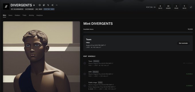 A dark-themed website for "DIVERGENTS" displays a countdown of 23 days, 4 hours, 5 seconds to a mint event, featuring a 3D-rendered male character bust on the left and mint schedule details on the right.