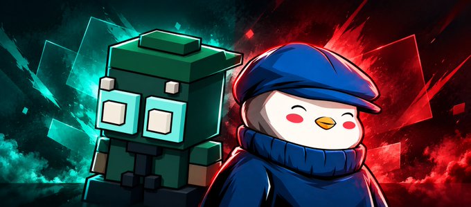 A cartoon-style image featuring a blocky green zombie character alongside a cute penguin-like character wearing a blue cap and scarf, set against contrasting teal and red backgrounds.