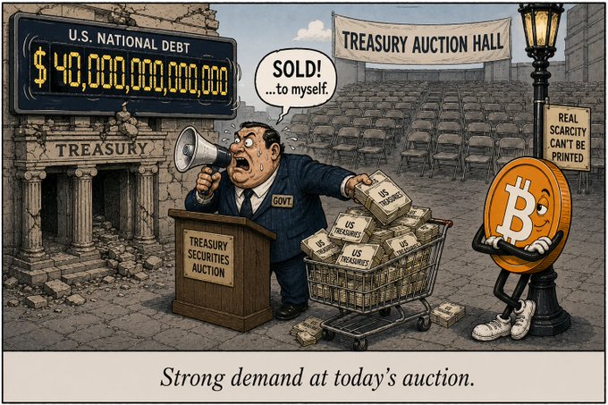 A satirical political cartoon showing a government official at a 'Treasury Securities Auction' announcing 'SOLD!...to myself' as the U.S. National Debt displays $40,000,000,000,000, with a Bitcoin character standing nearby and the caption 'Strong demand at today's auction.'