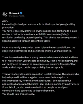 The image shows a tweet from McLaren (@McLarenNFT) directed at Adin Ross, addressing his promotion of crypto casinos to a young audience and referencing a young man's death in Ross's Discord server linked to gambling addiction. The message calls for accountability and urges viewers to recognize that financial harm affects people around them, aligning with the context of a former mod exposing Ross's promotion of crypto gambling to minors.