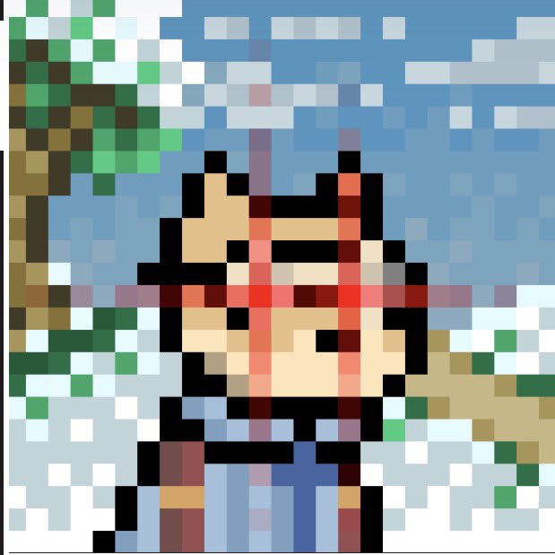 A heavily pixelated image of a character with brown hair and a red headband, standing outdoors with green foliage and a blue sky visible.