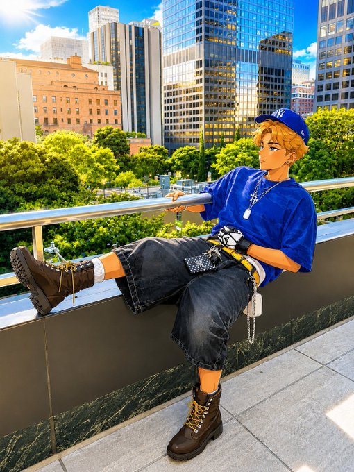 An anime-style illustration of a blonde young man in a blue t-shirt, cap, and baggy denim outfit lounging on a balcony railing overlooking a city skyline.