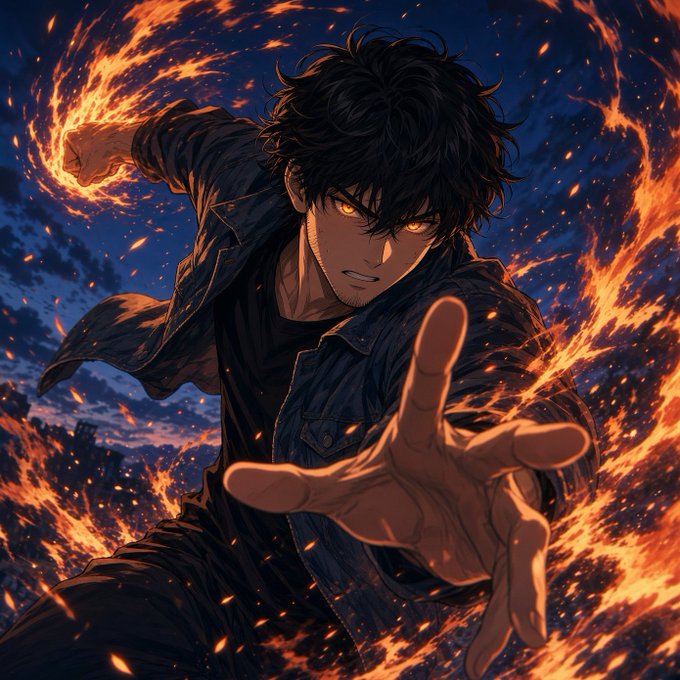 An anime-style illustration depicts a young man with messy black hair and glowing yellow eyes, reaching his hand forward while surrounded by swirling flames and embers.