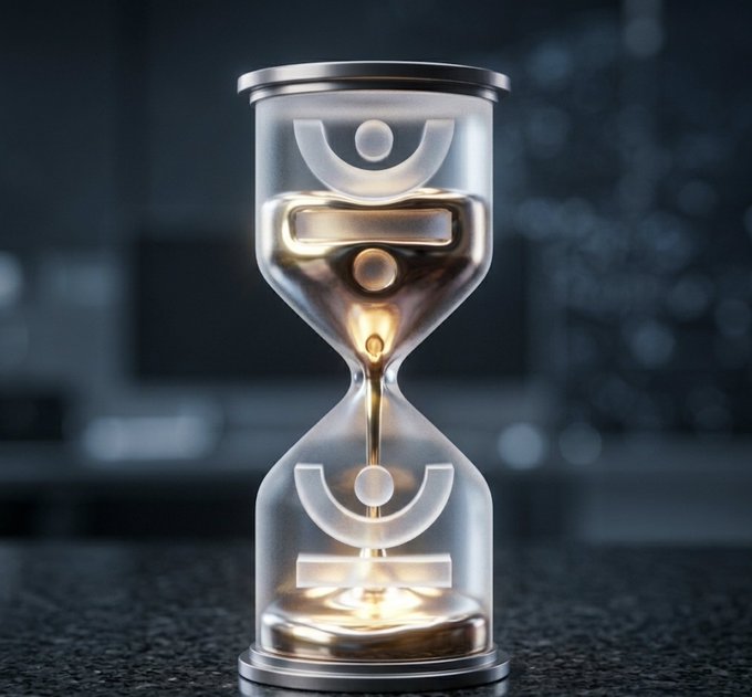 A glowing hourglass with geometric symbols etched into the glass on a dark surface.