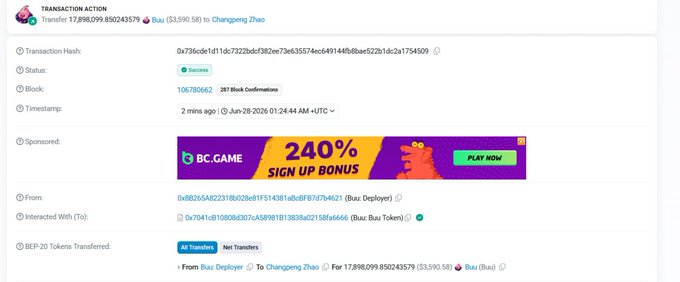 A BscScan transaction record showing a transfer of 17,898,099.850243579 BEP-20 Bux Tokens (valued at $3,590.58) from the Bux Deployer wallet to Changpeng Zhao's wallet (0x478...), confirming the sixth and final BNB buyback transfer that placed CZ at the top of the Bux Token holder list.