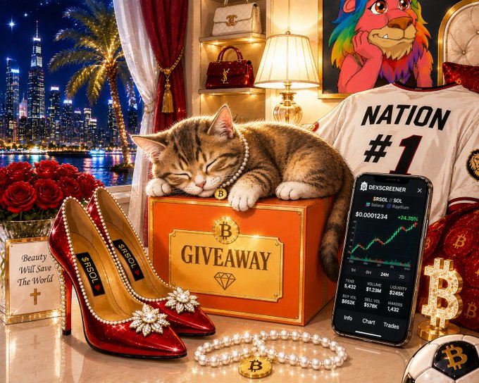 A promotional giveaway image featuring a sleeping cat on an orange box labeled 'GIVEAWAY' with a Bitcoin symbol, surrounded by luxury items including red high heels, pearls, a Bitcoin-themed t-shirt, and a smartphone showing the SOL/BRL trading chart on DEXSCREENER.
