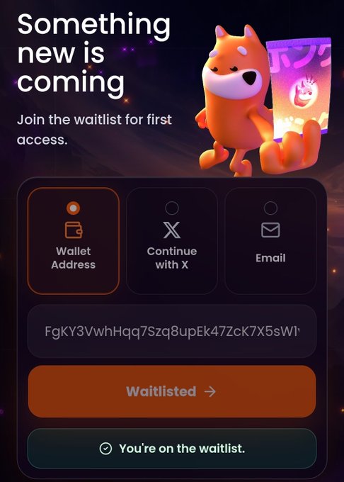 The image shows a phone screen displaying an app called "waitlisted" that is part of the BonkCoin platform. The app allows users to join the BONKUJI waitlist for first-time access, which provides exclusive pulls and rewards. The user's name appears in the bottom right corner of the screen, indicating they are a member of the waiting list.