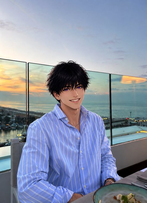 Anime-style illustration of a young man with dark messy hair and purple eyes, wearing a blue and white striped shirt, smiling at a table with food, set against a sunset harbor view with glass railings.