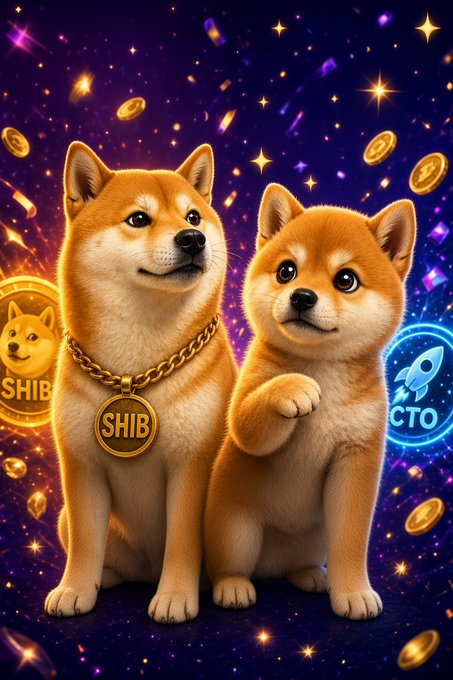 A digital illustration of two Shiba Inu dogs against a starry purple background, with one wearing a gold 'SHIB' tag and the other next to a 'CTO' emblem.