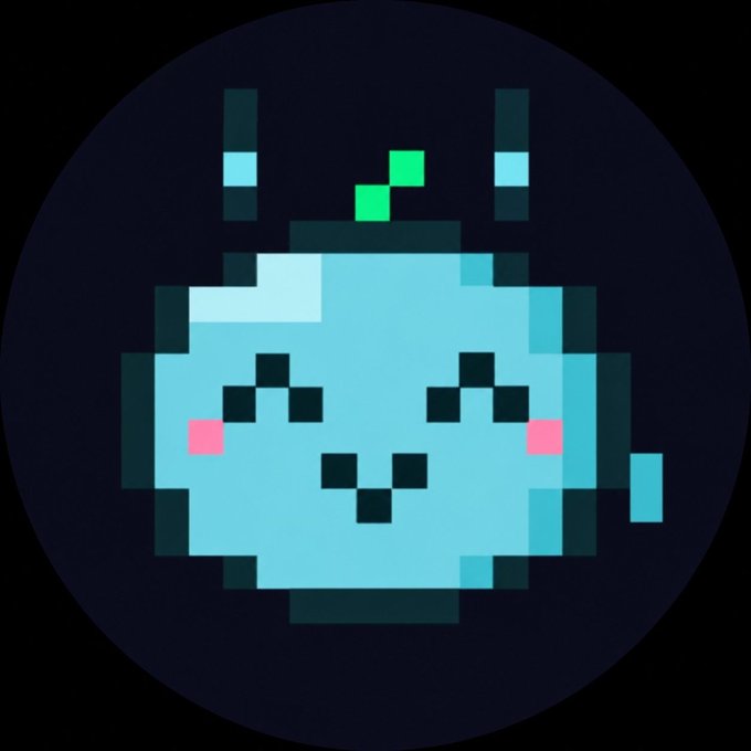 A pixel-art style cyan alien character with antennae, a green leaf-like sprout on its head, and pink cheek blushes, set against a dark circular background—likely representing the "new AI character" mascot for the $BLUXEL meme coin.